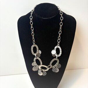 Hammered Silver-Tone Chain Link Necklace Textured Discs 24”